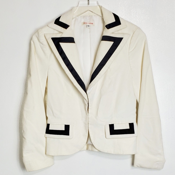 alice olivia size S corduroy trim satin blazer jacket off white casual career - Picture 2 of 12